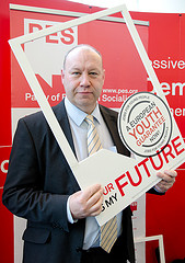 Derek Vaugham MEP holds European Youth Guarantee campaign frame